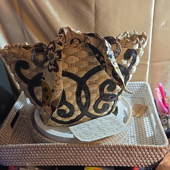 Brighton Handbags - Brighton Beige and Black Woven Tote 13 X9